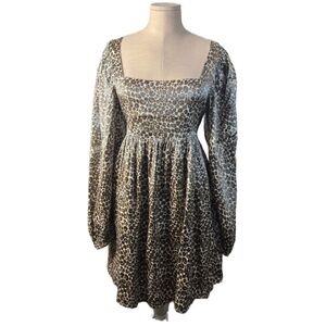 MittoShop Leopard Metallic Mini Dress NWT Large Square Neck Smocked Boho